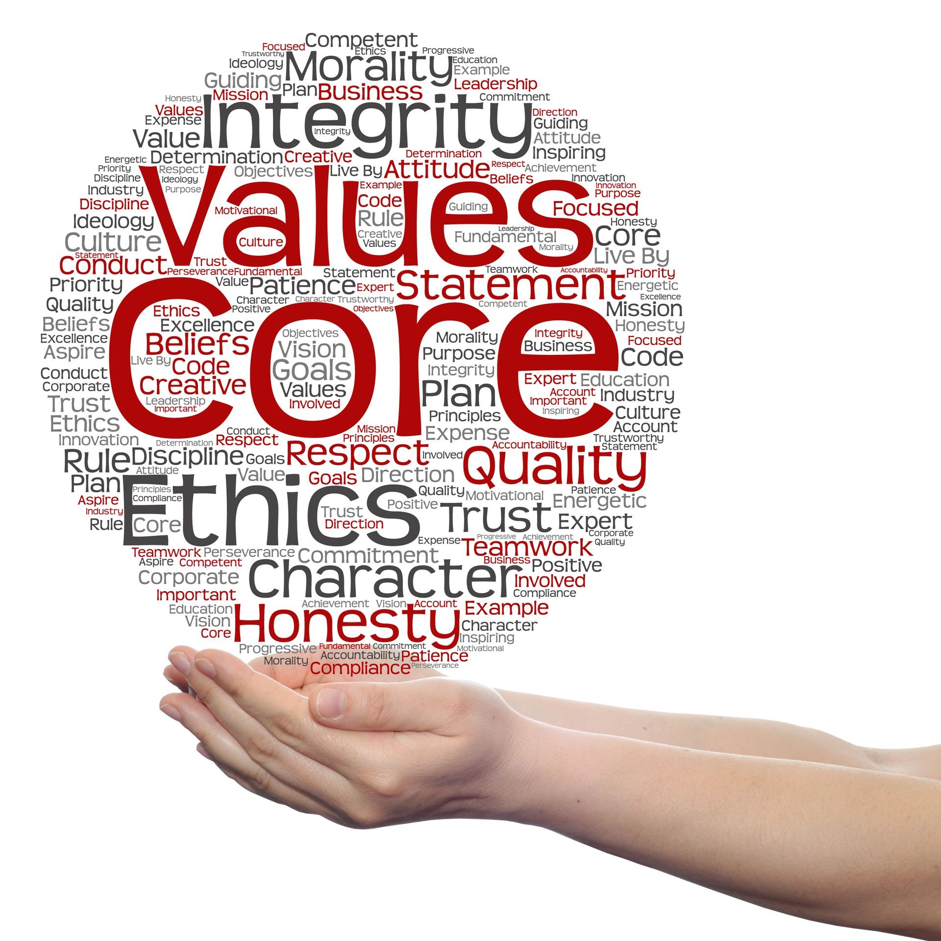 Project Probono core values integrity ethics circle concept word cloud in hands isolated on background metaphor to honesty, quality, trust, statement, character, important, perseverance respect trustworthy